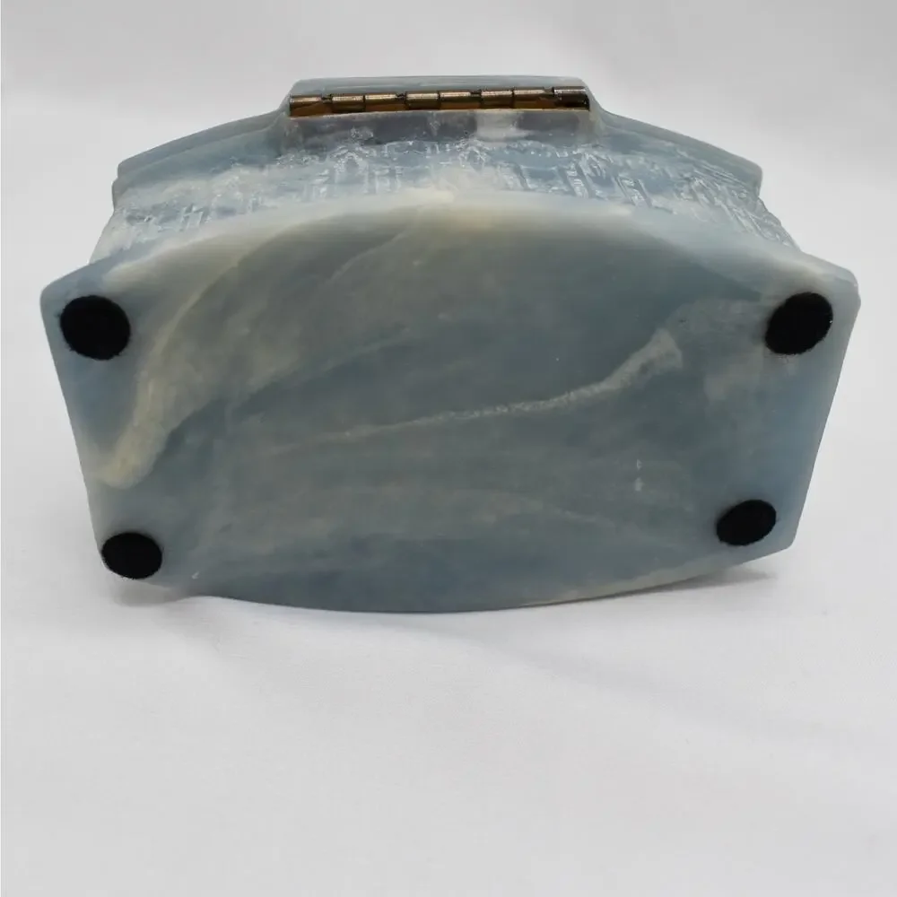 Vintage Genuine Incolay Stone Jewelry Box Blue Cream Marbled Trinket Keepsake